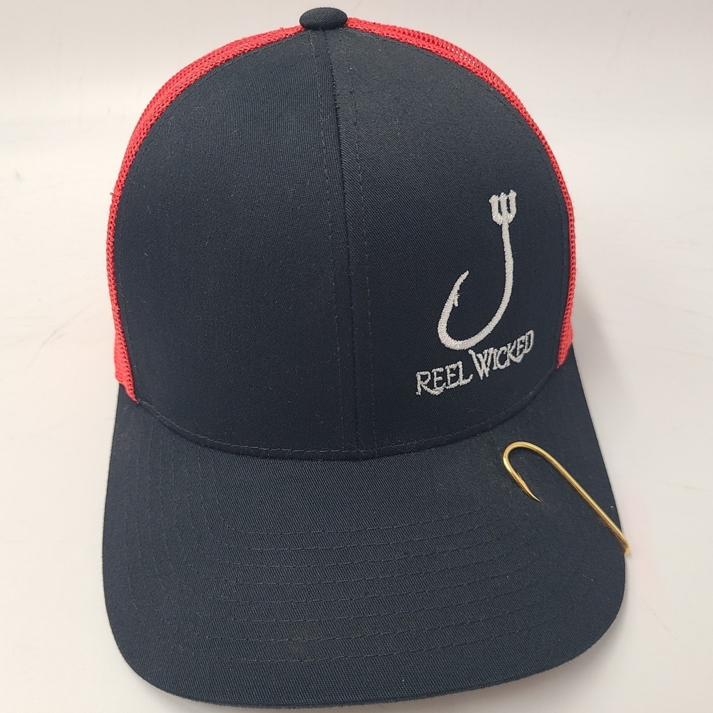 Reel Wicked‎ Hat Snapback Trucker Mesh Black Red Fish Hook Outdoors Casual Wear